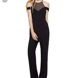 bcbgeneration mesh off the shoulder jumpsuit